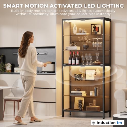 71-Inch 6-Tier Glass Display Cabinet with LED Lights and Motion Sensor