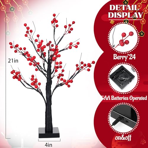 Two-Piece Lighted Christmas Red Berry Tree Decor, 23.6in