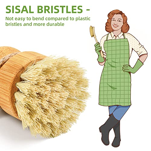 Bamboo Dish Scrub Brush Set with Ceramic Holder & Sisal Bristles - 3 Pack