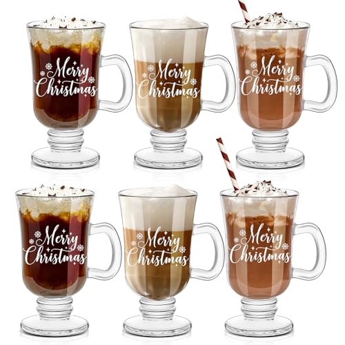 Sliner 6-Piece Irish Coffee Glass Mugs with Holiday Snowflake & Merry Christmas Patterns