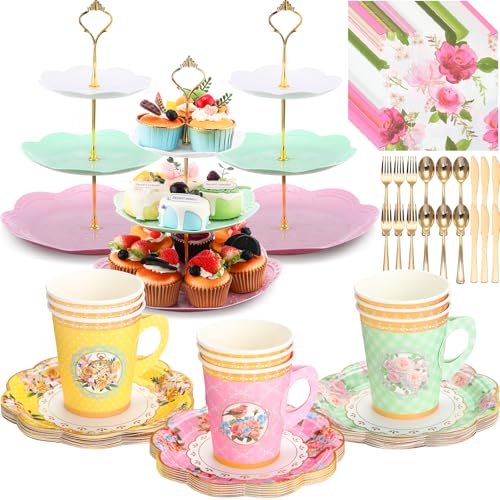 Layhit Vivid 83-Piece Disposable Tea Party Set with 3-Tier Cake Stand for Women Girls Birthday Baby Shower Bridal Shower Pink Floral