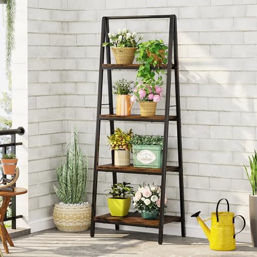 4-Tier Leaning Ladder Bookshelf, Industrial Wood Storage Rack for Home Office