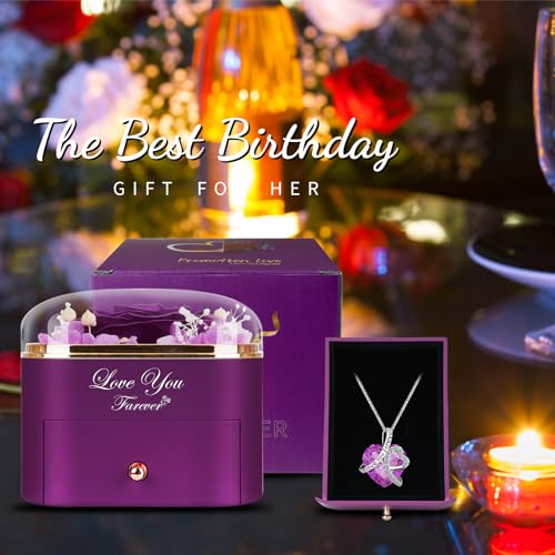 Lebana Preserved Purple Rose with Heart Necklace for Women, Mom, Girlfriend, Anniversary Gift