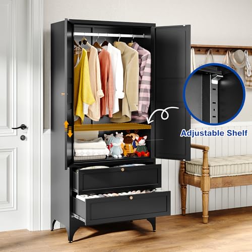 71-Inch Tall Metal Wardrobe Closet with 2 Drawers and Hanging Rod