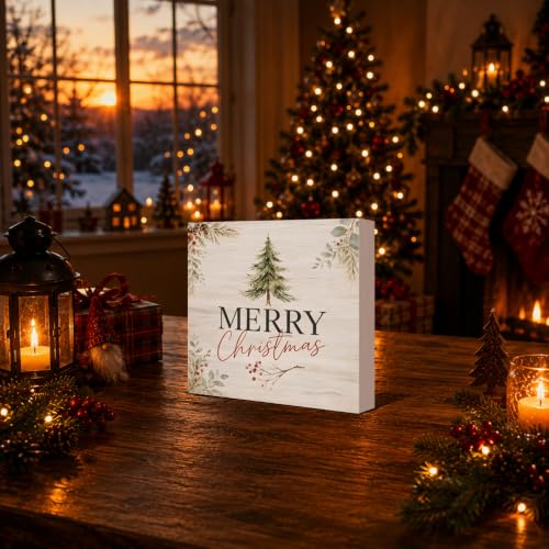 Farmhouse Christmas Decor Merry Christmas Wooden Sign with Tree Design