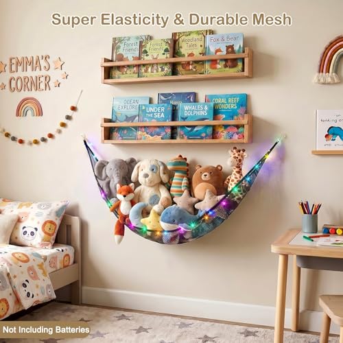 Stuffed Animals Hammock with LED Lights Corner Toy Storage Net