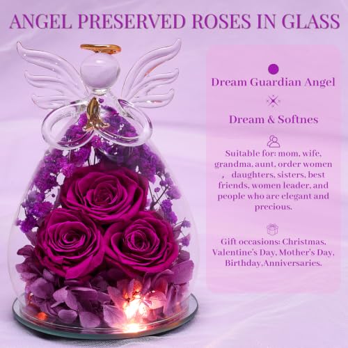 Preserved Real Rose Glass Angel Figurine with LED Lights - Gift for Mom