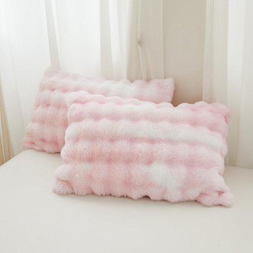 chovy Pink White Rabbit Plush Faux Fur Bread Grid Comforter Sets Twin/Full - 3PC Bed Set Ultra Warm Soft Skin Friendly Flannel Velvet Fluffy Fuzzy Bedding（Comforter x 1 Pillowcases x 2）