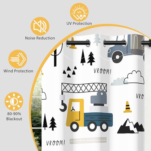 Construction Truck Blackout Curtains for Kids Bedroom, 63-Inch Set
