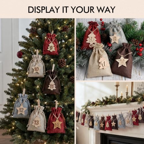 24-Pack Christmas Advent Calendar Gift Bags with Wooden Tags & Clips