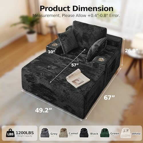 66-Inch Oversized Corduroy Chaise Lounge Chair with 3 Pillows - Grey