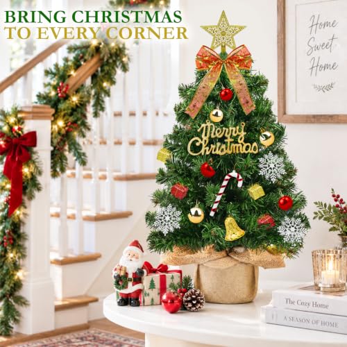 TURNMEON 2ft Tabletop Christmas Tree with Lights, Burlap Base, 24" Mini Xmas Tree