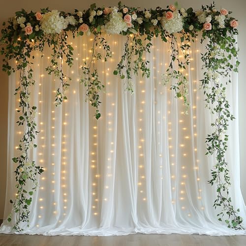 HOLITS White 10x10ft Tulle Backdrop with 300 LED Fairy Lights, USB, 2 Panels for Wedding & Party