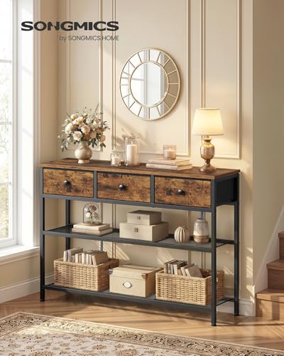 Rustic Narrow Console Table with 3 Fabric Drawers and 2 Mesh Shelves