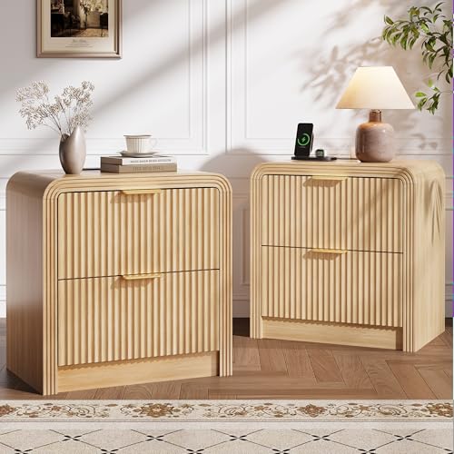 23-Inch Fluted Nightstand Set of 2 with Charging Station and 2 Drawers
