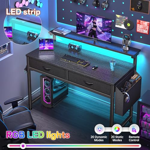31-Inch Small Computer Desk with LED Lights, 2 Fabric Drawers & Monitor Stand