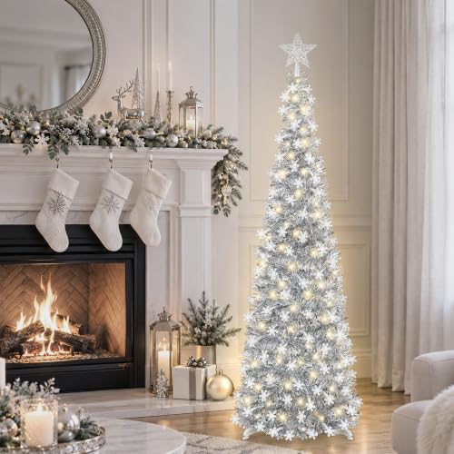 Silver White 5FT Pop-up Christmas Tree with Snowflake Decor & Timer Lights