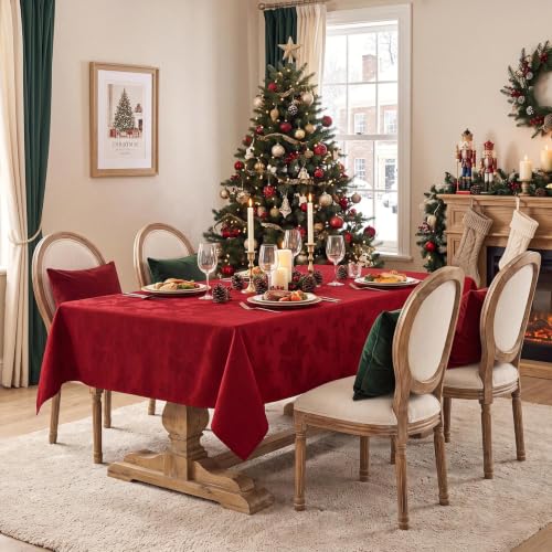 Softalker Christmas Jacquard Rectangle Tablecloth 60 x 144 Red, Flower Red — 100% Polyester