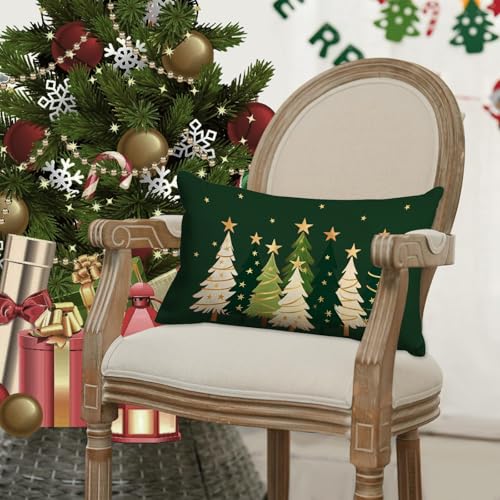 JOOCAR 16x24 Inch Watercolor Christmas Tree Pillow Cover Green Linen Holiday Decor Pack of 1