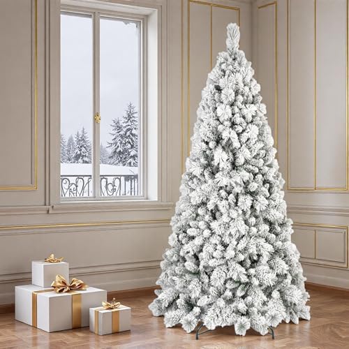 Trygoal 7FT White Flocked Artificial Christmas Tree with Tips & Metal Stand