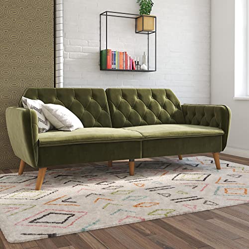 Green Velvet Memory Foam Convertible Futon Sofa Bed with Button Tufting