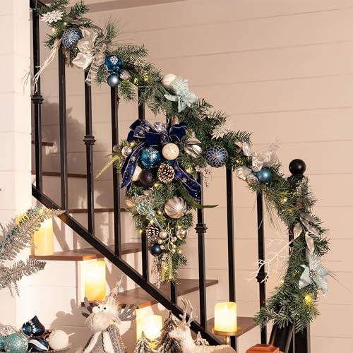 Valery Madelyn 30-Inch Christmas Wreath & 6Ft Garland Set with Lights - Blue & Silver Holiday Decor for Indoor & Outdoor
