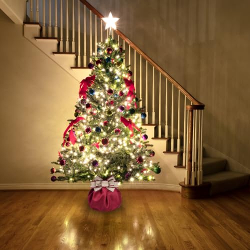 Fantang 51x51in Red Burlap Christmas Tree Skirt with Bow - Dark Red
