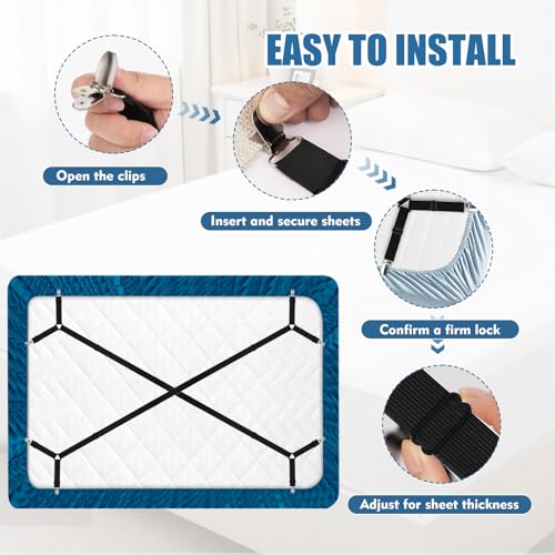 Adjustable Bed Sheet Straps with Metal Clips - 4 Pack Elastic Fasteners
