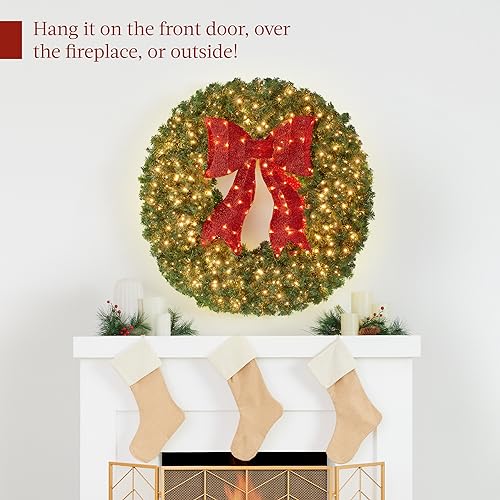 48in Artificial Pre-Lit Fir Christmas Wreath with Red Bow & 250 LED Lights - Green Spruce
