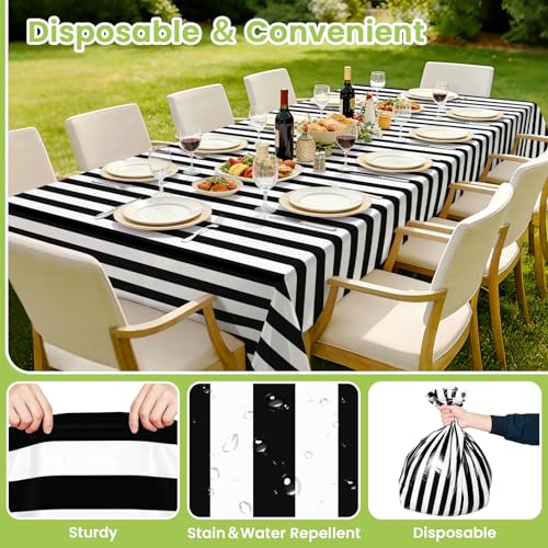 Mulbozy Black & White Stripe Tablecloth 54x108 in, 2 Pack – Disposable Plastic Table Cover