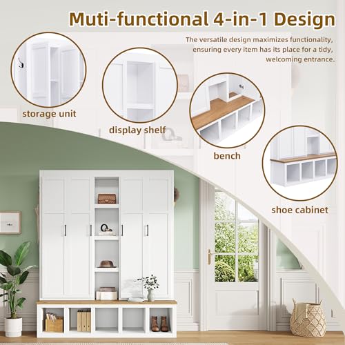 Modern Farmhouse Hall Tree with Shoe Storage Bench and 4-in-1 Entryway Cabinet