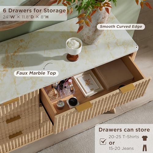54-Inch Fluted 6-Drawer Dresser, Mid-Century Modern Wood Storage Cabinet
