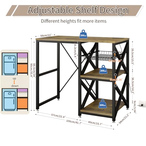 Mini Fridge Stand with Power Outlets and Adjustable Shelves, Brown