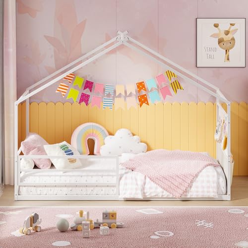 Twin Montessori House Bed Frame with Storage Caddy and Pegboard, White