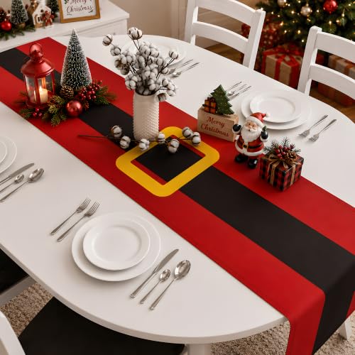 OHOME Christmas Belt Strap Santa Table Runner - Fun Holiday Decor, Red & Black, 73x13.8 inches