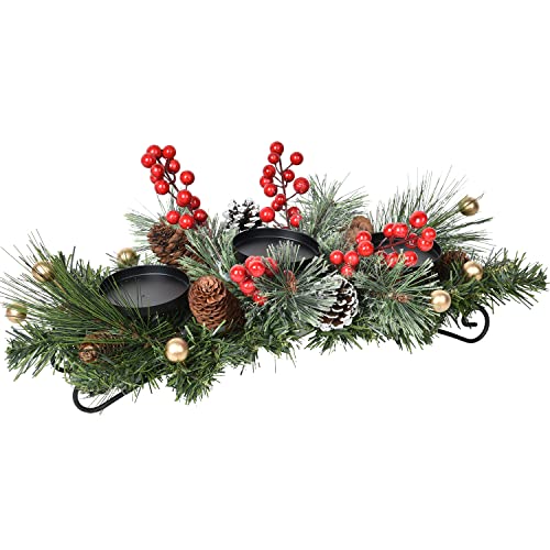 Christmas Candle Holder Centerpiece with Pine Cones & Red Berries (20-Inch)