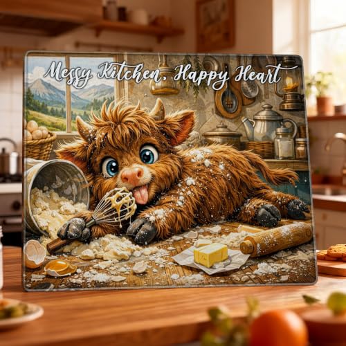 Kathfly Highland Cow Christmas Glass Cutting Board - Farmhouse Kitchen Decor
