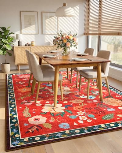 Macgace 5' x 7' Christmas Red Floral Rug for Girls Room - Machine Washable, Non-Slip Backing