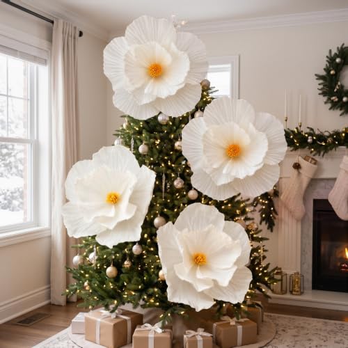 Riceshoot 4 Pcs 24in White Giant Christmas Paper Flowers - Xmas Wall Decor