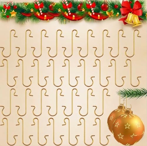 100 Pack Gold Christmas Ornament Hooks - Heavy Duty Metal S-Shaped Hangers