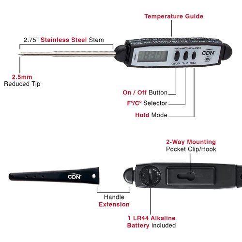CDN Waterproof Digital Cooking Thermometer Instant Read 2.75" Stainless Shatterproof Ideal for Meat, Poultry, BBQ NSF Certified DT450X