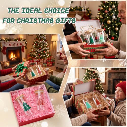 Tioncy 8 Pcs 16oz Christmas Tree Glass Cups with Bamboo Lids, Straws & Brush Set (Christmas Variation)