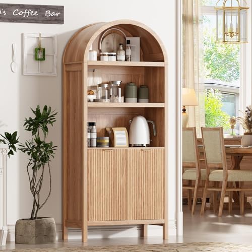 71-Inch Arched Kitchen Pantry Cabinet with Adjustable Shelves and Fluted Doors