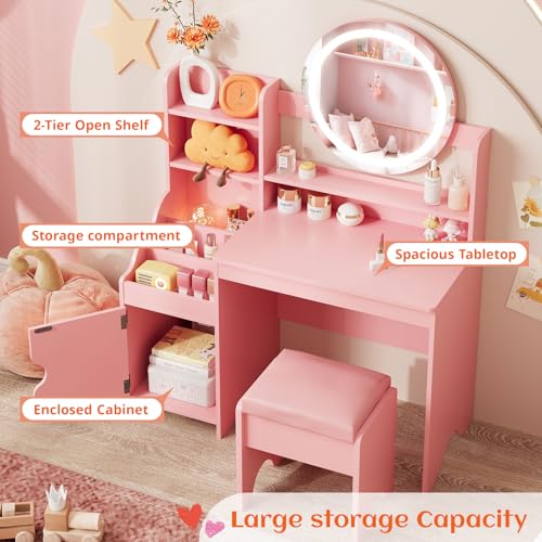 Kids Vanity Table and Chair Set with Lights, Storage Shelves and Mirror