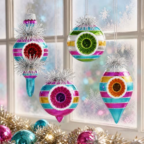Vintage Glass Christmas Ornaments Set - Reflector Design, 12 Pieces