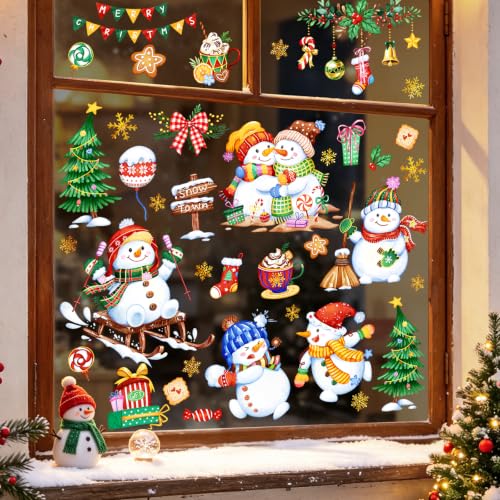 Supzone Christmas Snowman Window Clings Winter Snowflake Xmas Tree Holiday Decals - Pack of 9