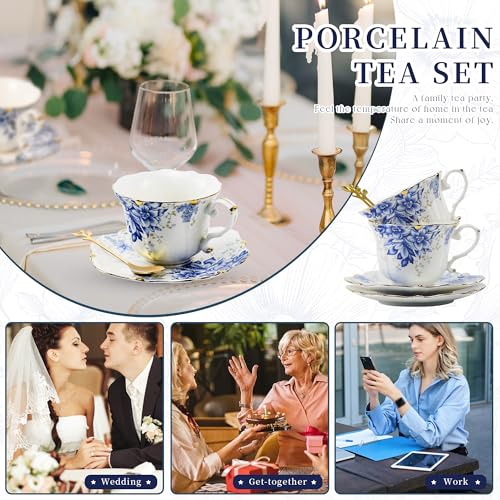 Harahiko Blue Country Roses Porcelain Tea Cup and Saucer Set with Gold Trim - Vintage Style, 8.5oz