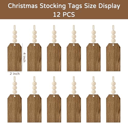 LIKAJON 12Pcs Christmas Stocking Name Tags - Wood Grain Unfinished DIY Gift Tags