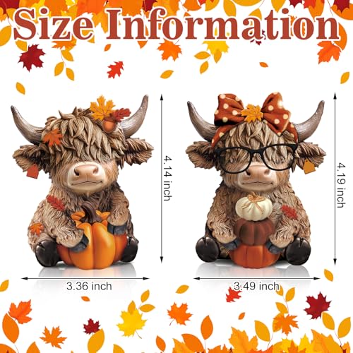 2 Pcs Highland Cow Figurines, Rustic Resin Autumn Tabletop Decor