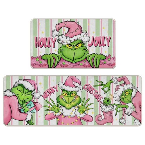 Pycat Holly Christmas Cartoon Character Kitchen Rugs Set of 2